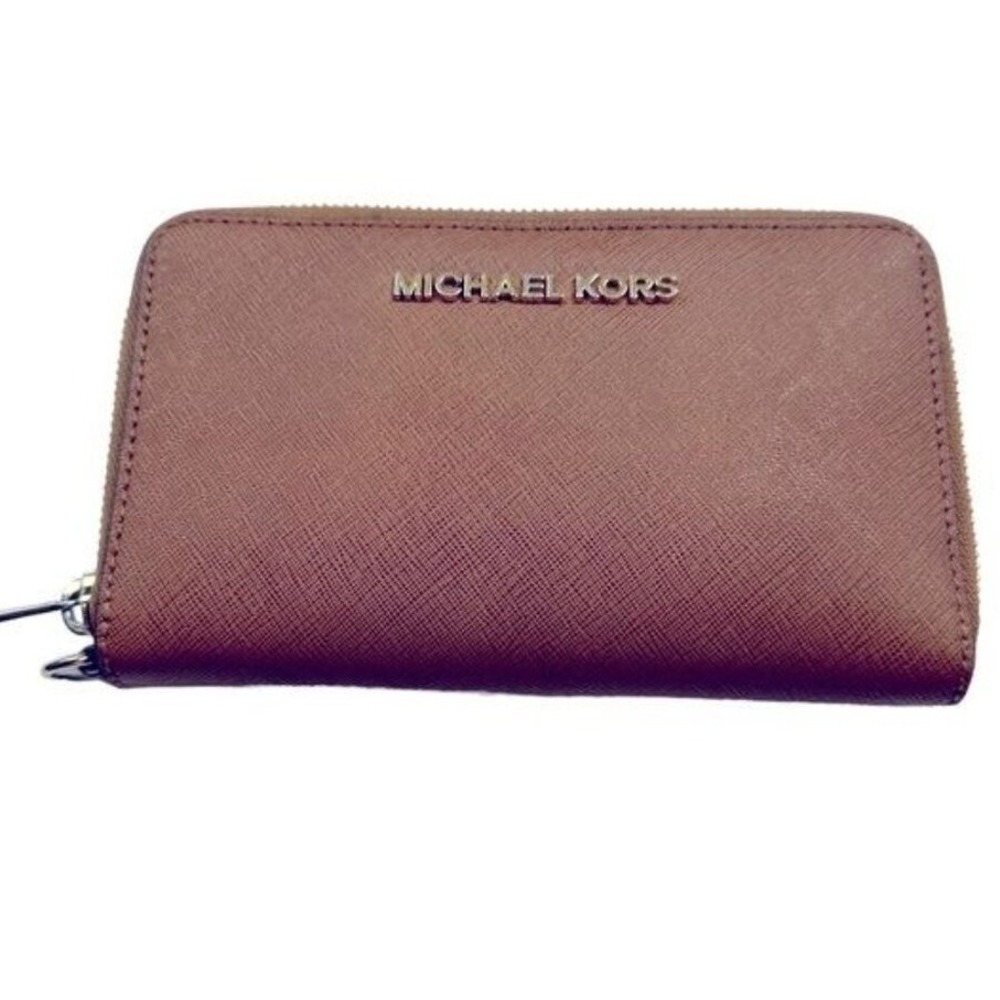 Michael Kors Jet Set Travel Zip Around Wallet brown Saffiano Leather Silver Logo